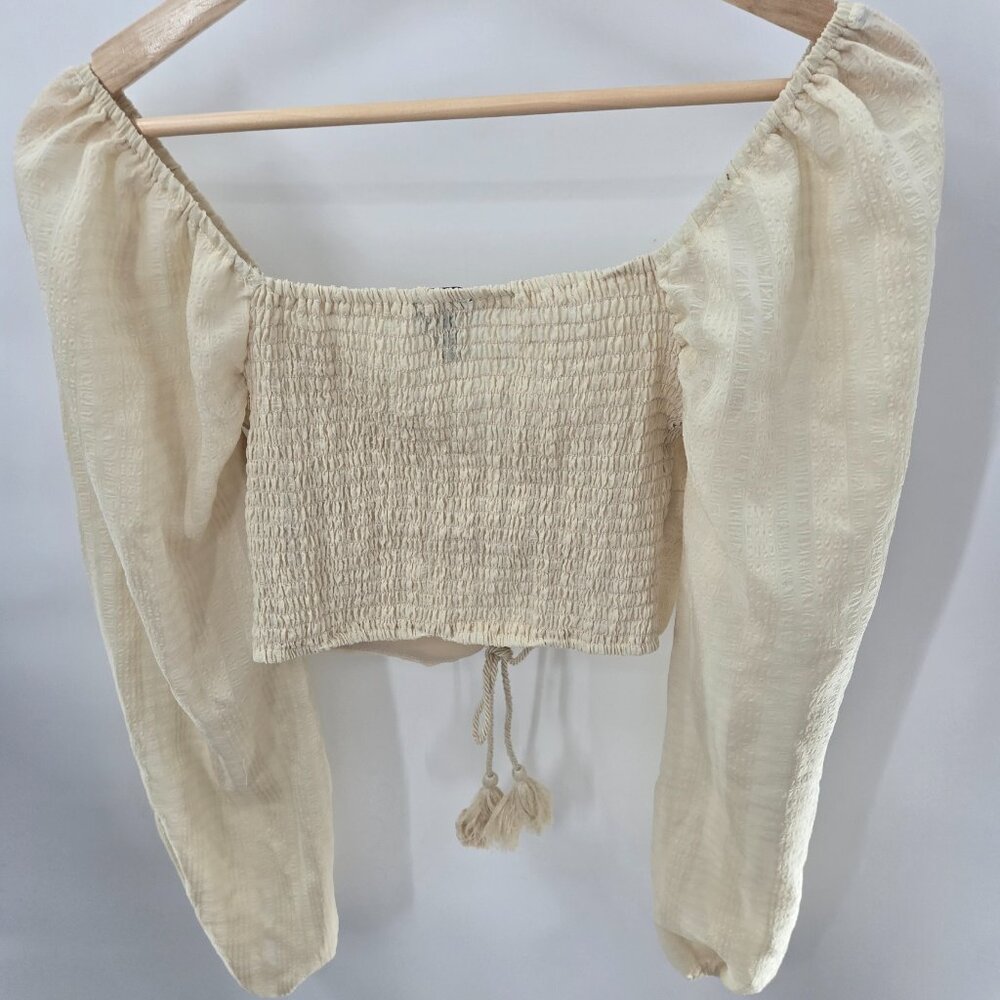 Forever 21 Cream Ruched Back Balloon Sleeves Off Shoulder Crop Top Size Small - Picture 2 of 14